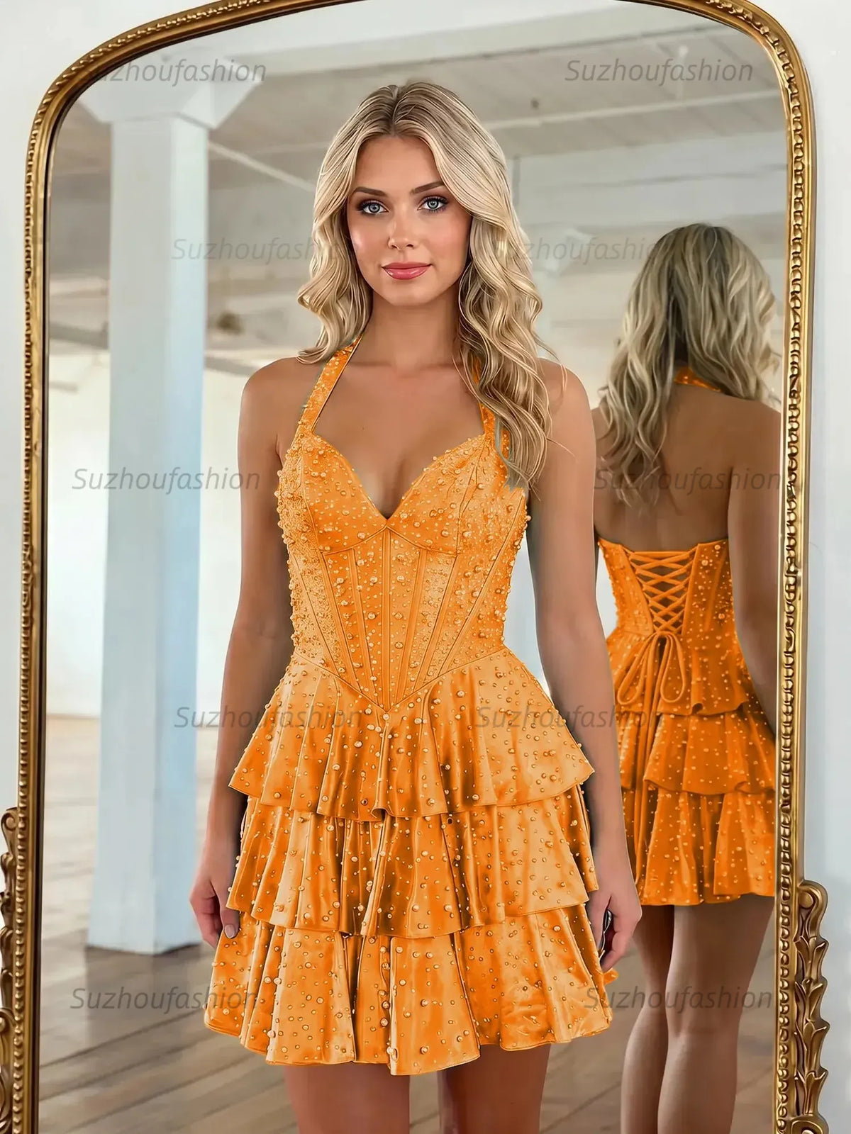 Suzhoufashion Halter Neck Pearl Beaded Tiered Short Homecoming Dresses