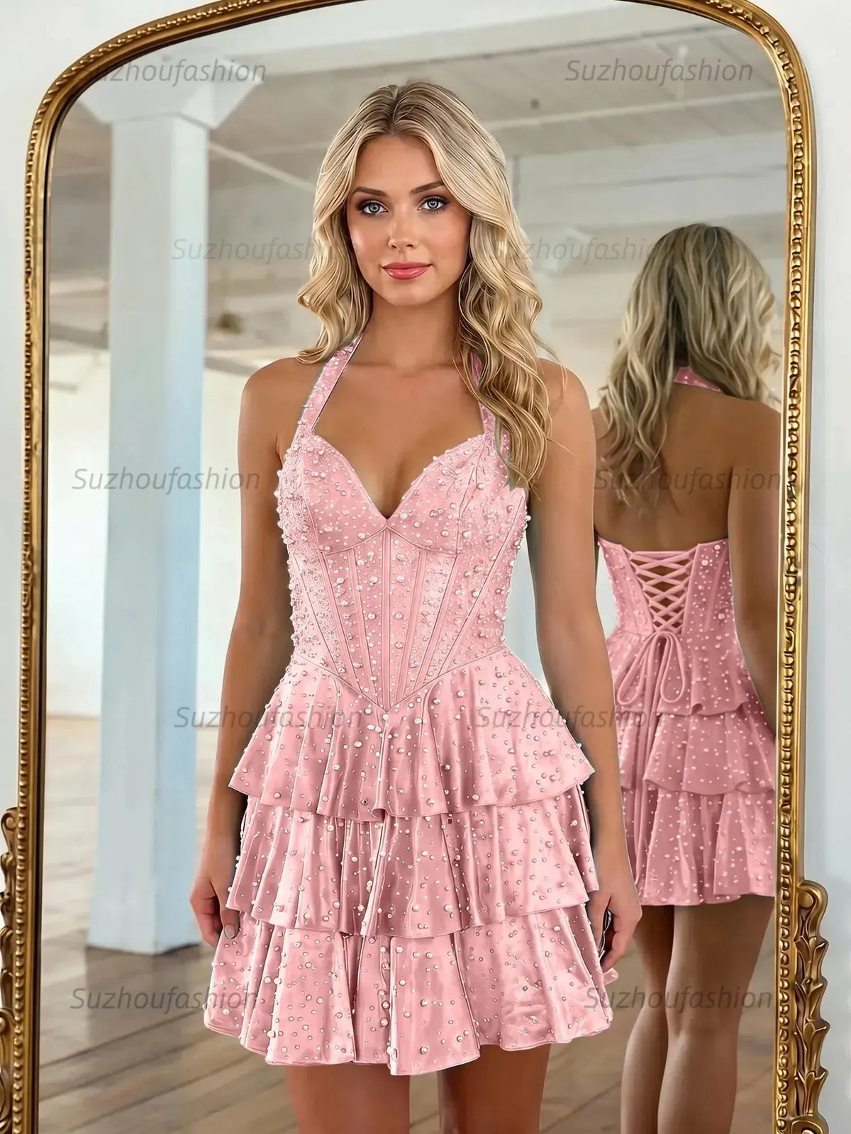 Suzhoufashion Halter Neck Pearl Beaded Tiered Short Homecoming Dresses