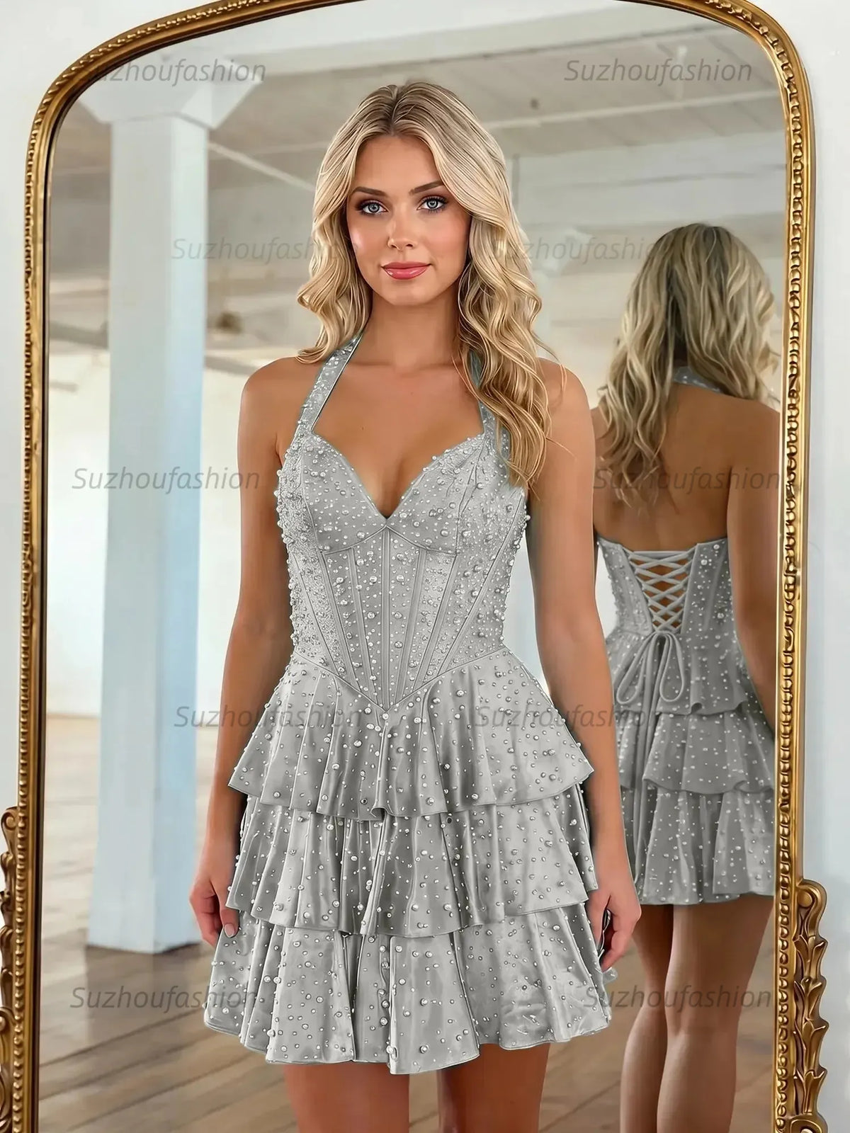 Suzhoufashion Halter Neck Pearl Beaded Tiered Short Homecoming Dresses