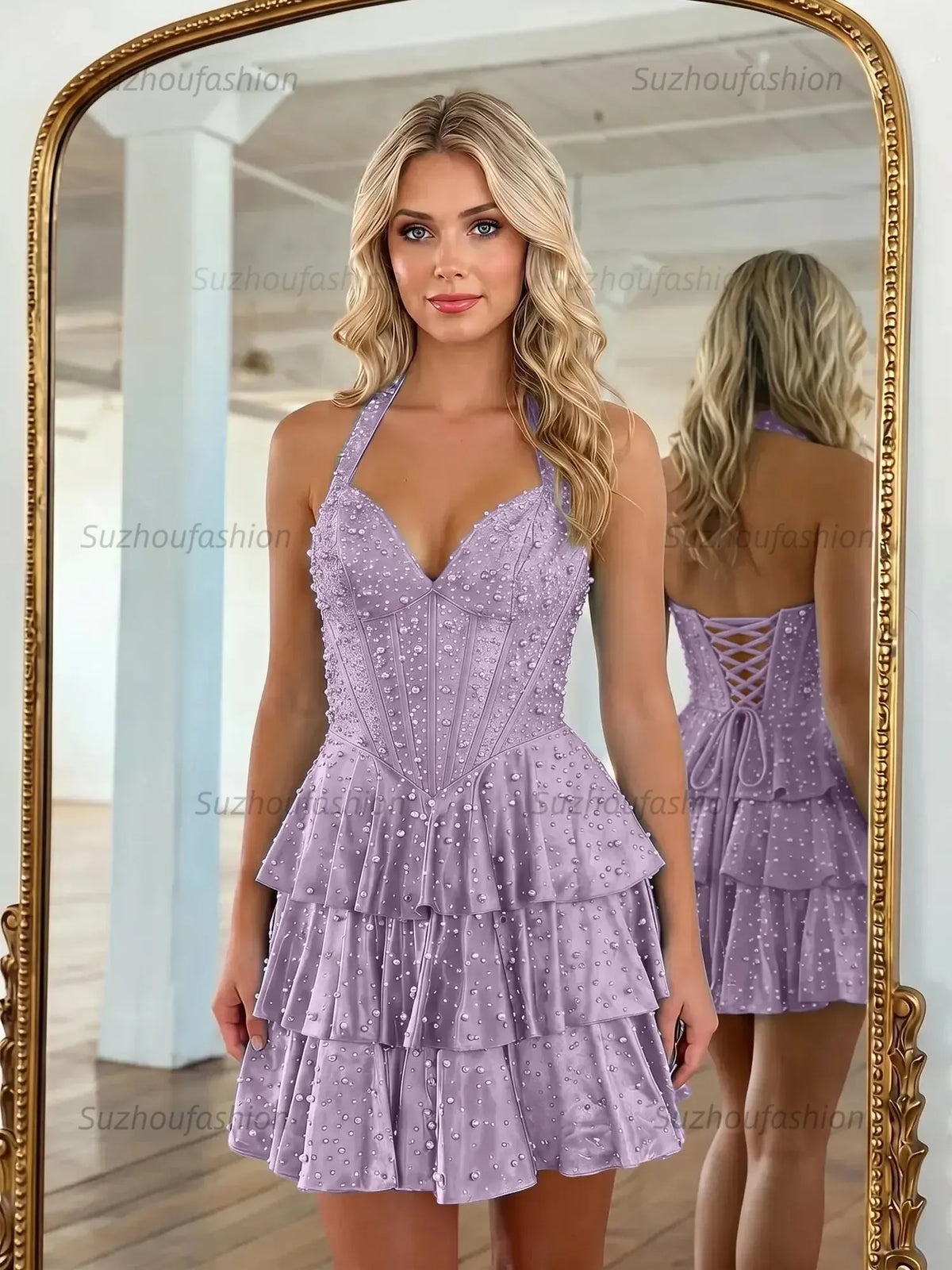 Suzhoufashion Halter Neck Pearl Beaded Tiered Short Homecoming Dresses