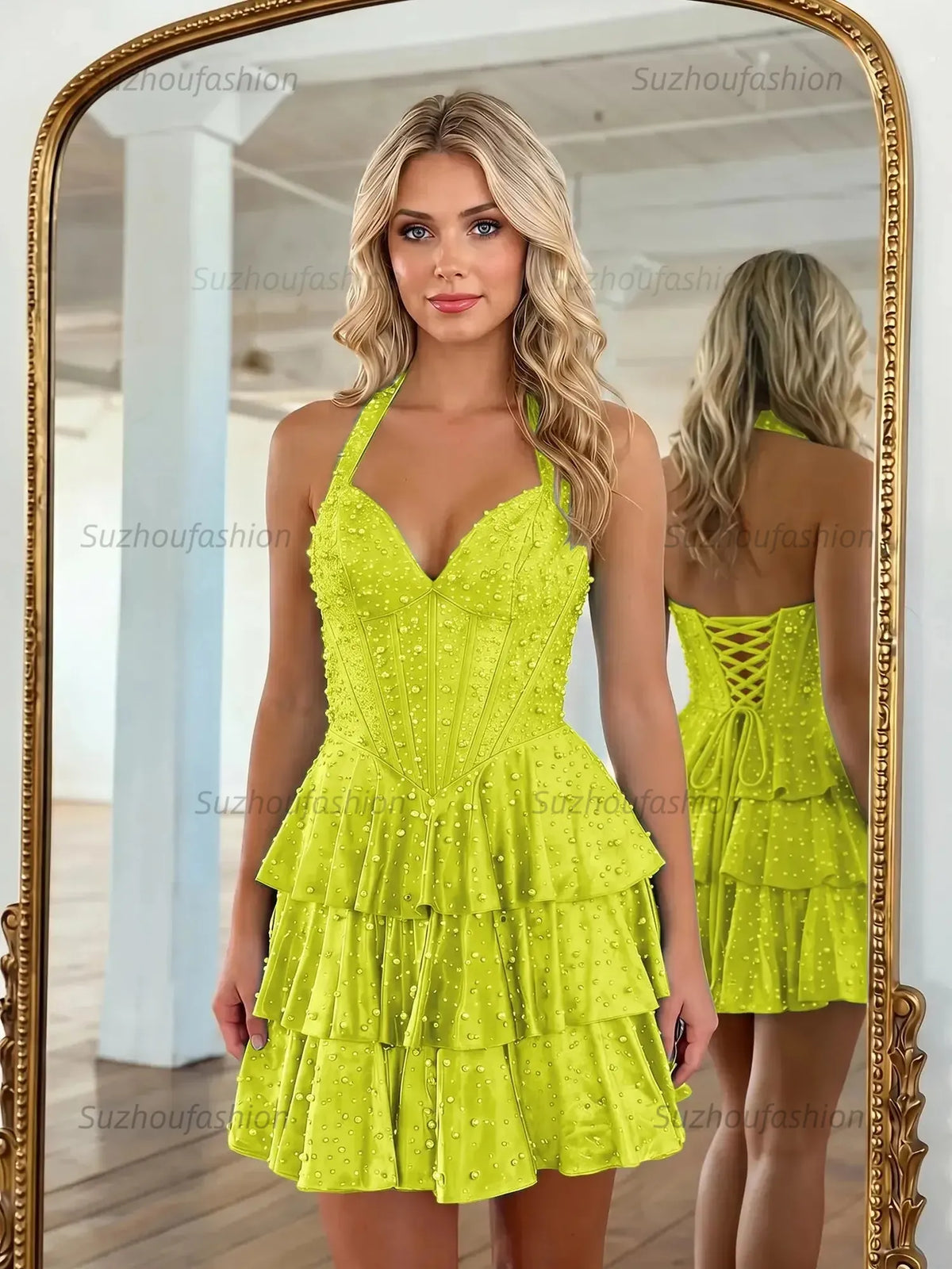 Suzhoufashion Halter Neck Pearl Beaded Tiered Short Homecoming Dresses