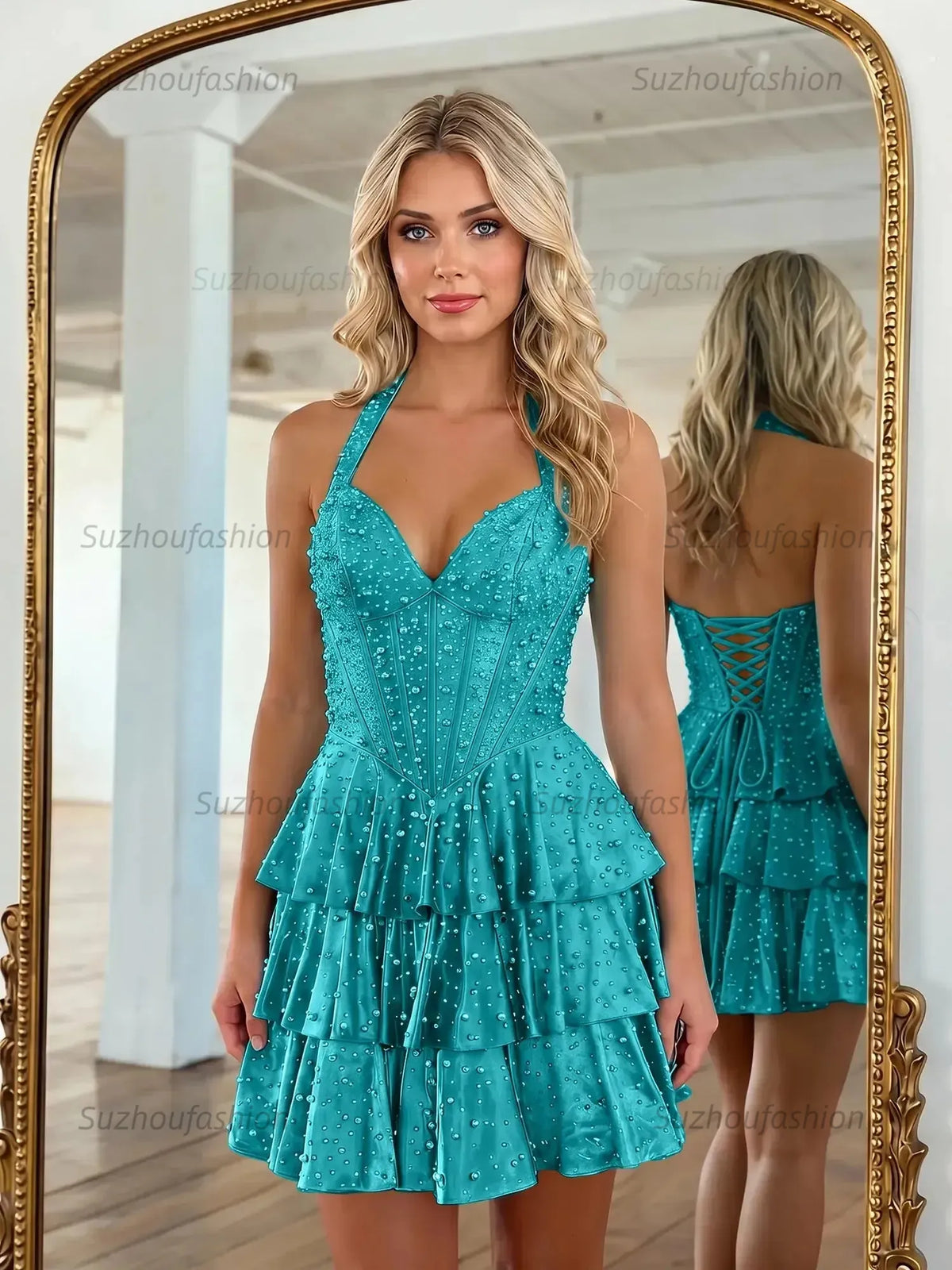 Suzhoufashion Halter Neck Pearl Beaded Tiered Short Homecoming Dresses