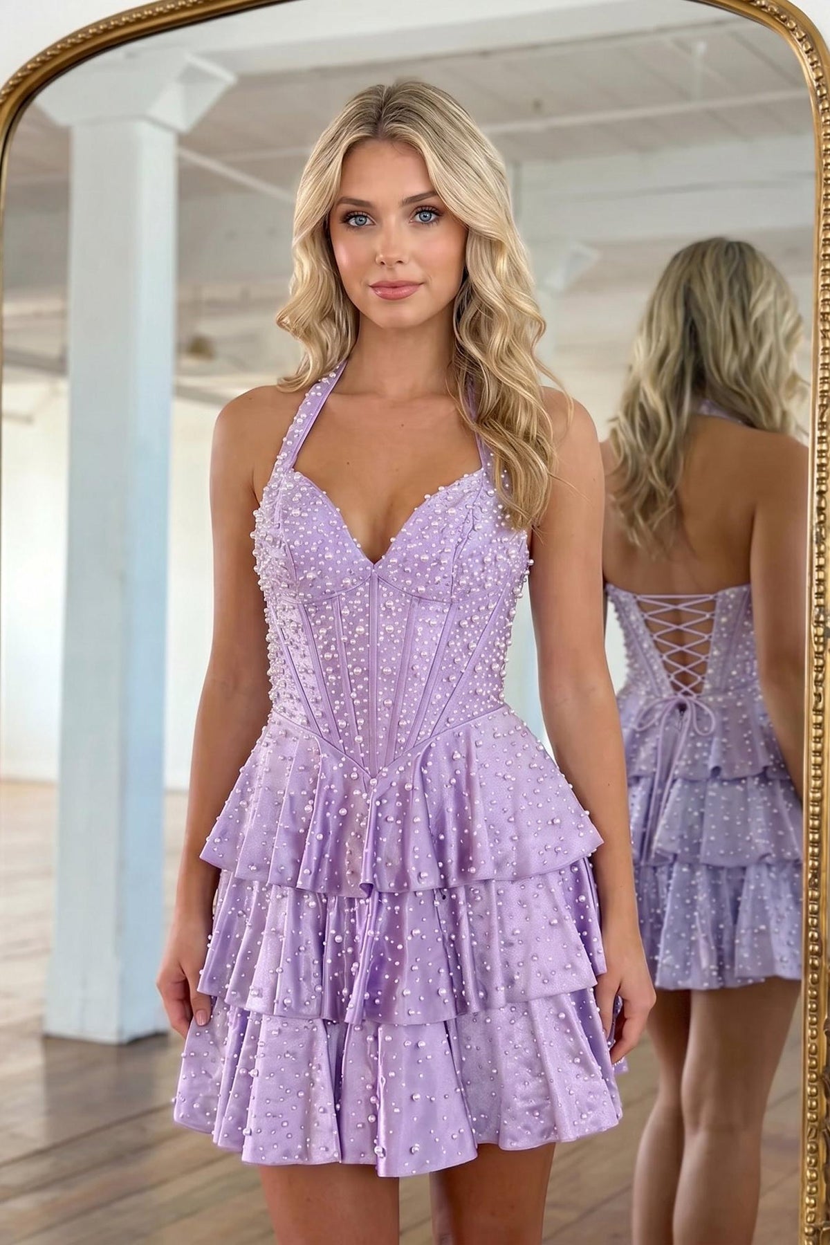 Suzhoufashion Halter Neck Pearl Beaded Tiered Short Homecoming Dresses