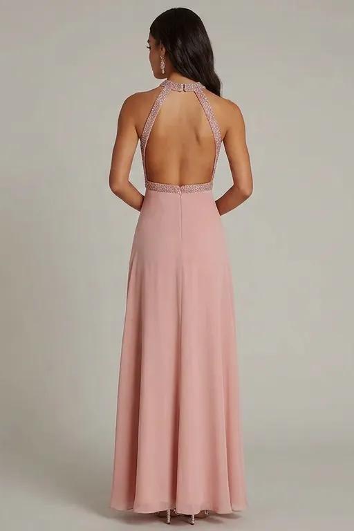 Halter Neck Pink Wedding Guest Dress Beaded Long Formal Dress