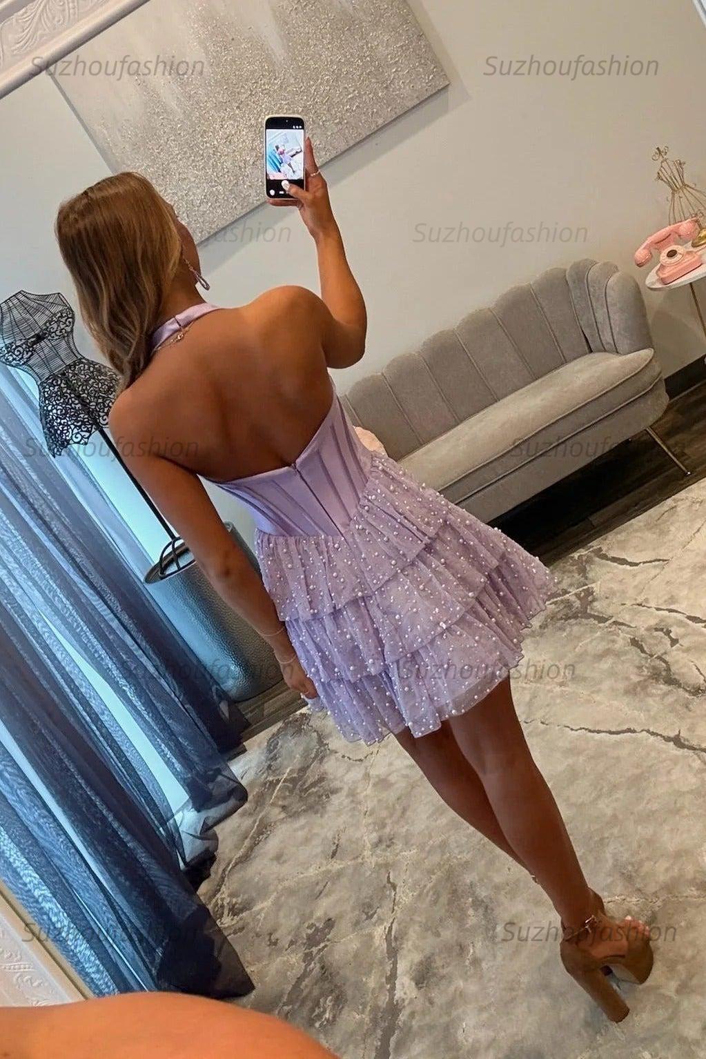 Halter Neck Tiered Homecoming Dress Corset Short Cocktail Dress