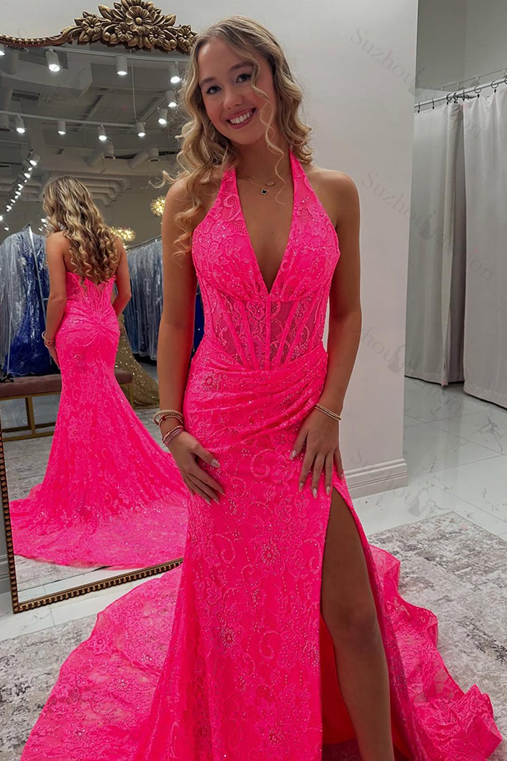 Halter Pink Prom Dress Long Lace Formal Dress With Slit