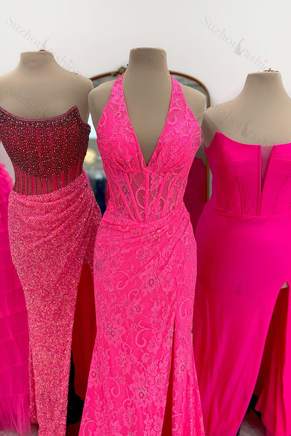 Halter Pink Prom Dress Long Lace Formal Dress With Slit