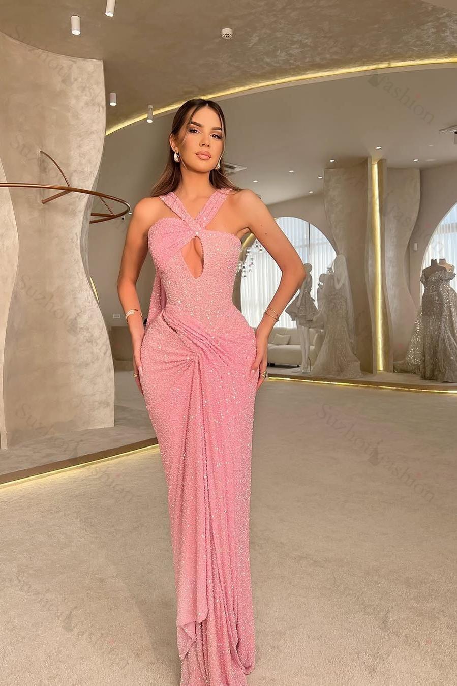 Halter Sequined Sleeveless Mermaid Long Evening Formal Dress With Pleated
