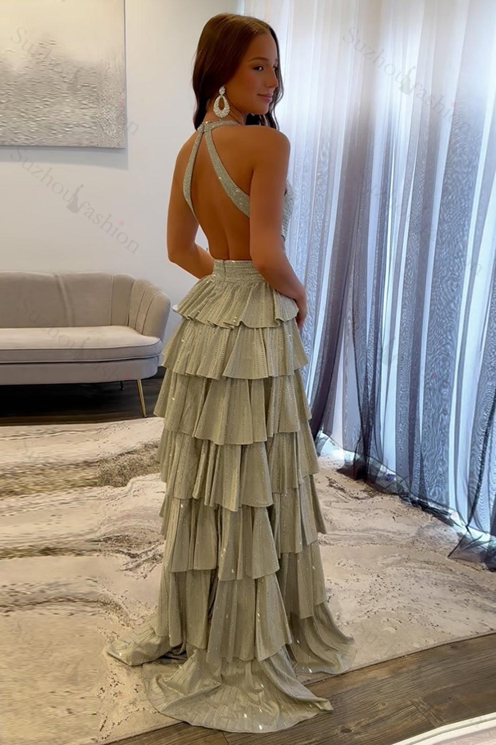 Halter Silver Prom Dress Tiered A-Line Long Formal Dress With Slit