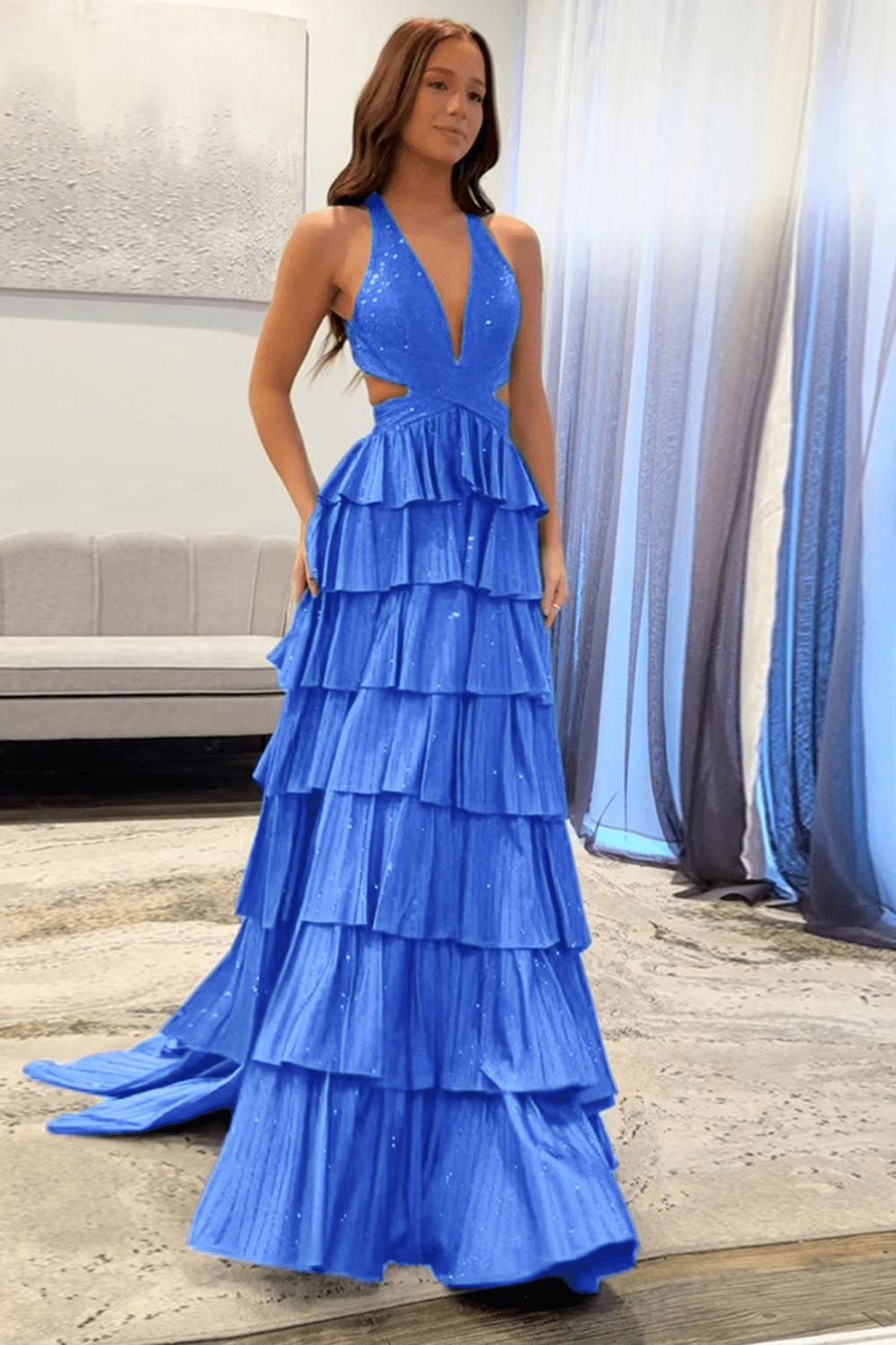 Halter Silver Prom Dress Tiered A-Line Long Formal Dress With Slit