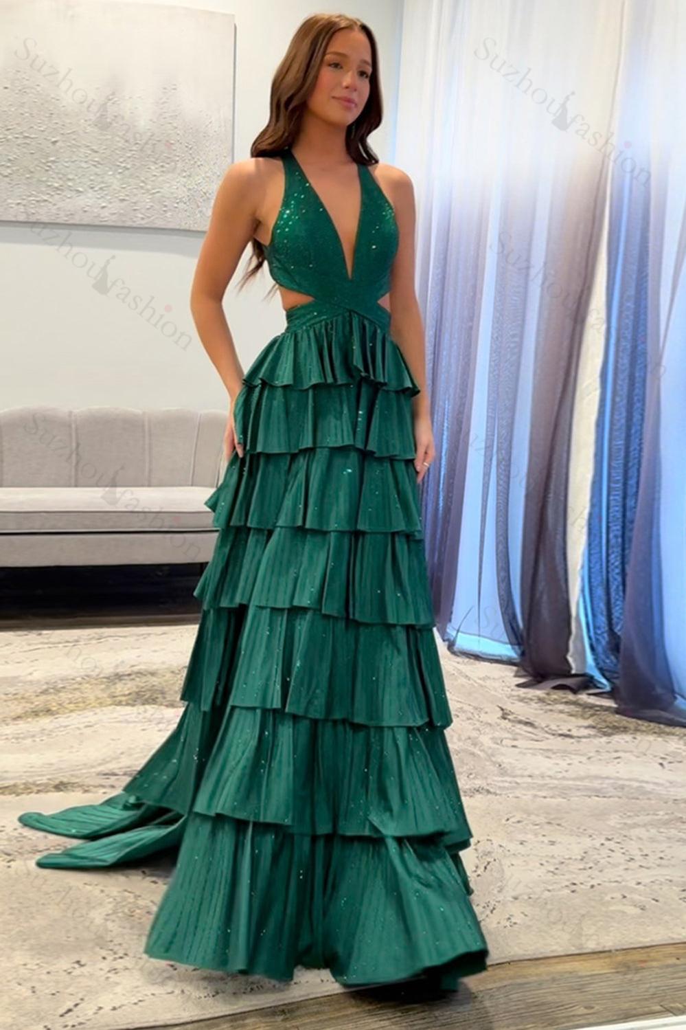 Halter Silver Prom Dress Tiered A-Line Long Formal Dress With Slit