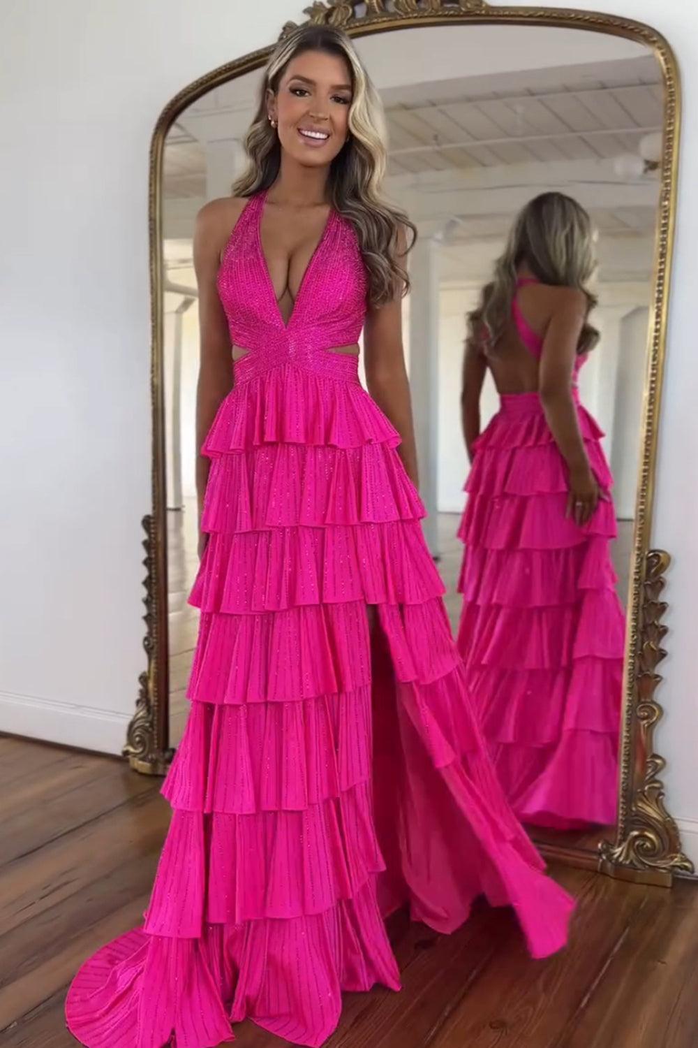 Halter Silver Prom Dress Tiered A-Line Long Formal Dress With Slit