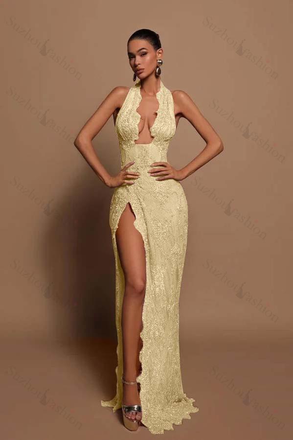 Halter Sleeveless Long Mermaid Evening Formal Dress With Lace Appliques