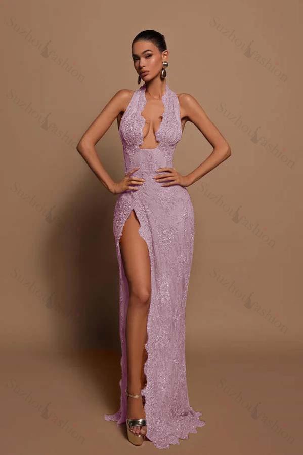 Halter Sleeveless Long Mermaid Evening Formal Dress With Lace Appliques