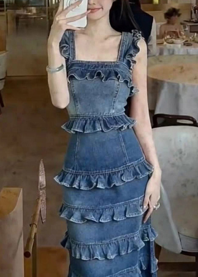Handmade Denim Blue Ruffled Patchwork Long Spaghetti Strap Dress Summer