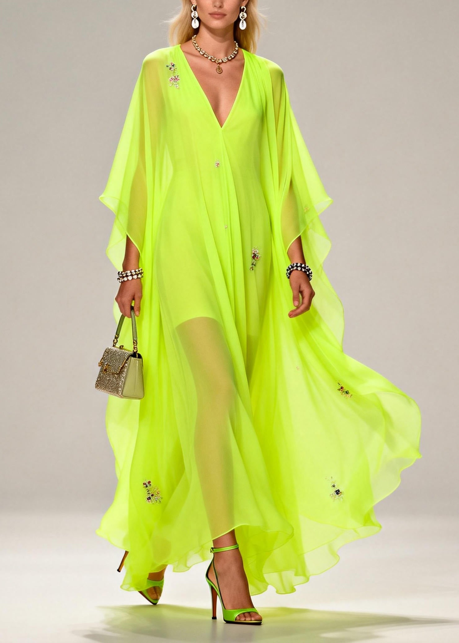 Handmade Fluorescent Green V Neck Zircon Chiffon Dresses Summer