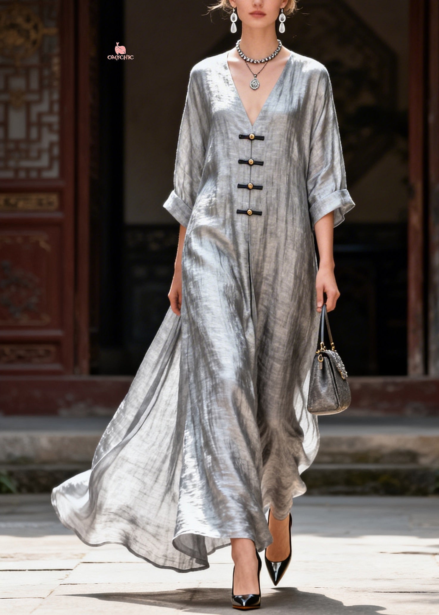 Handmade Grey V Neck Button Solid Maxi Dress Summer