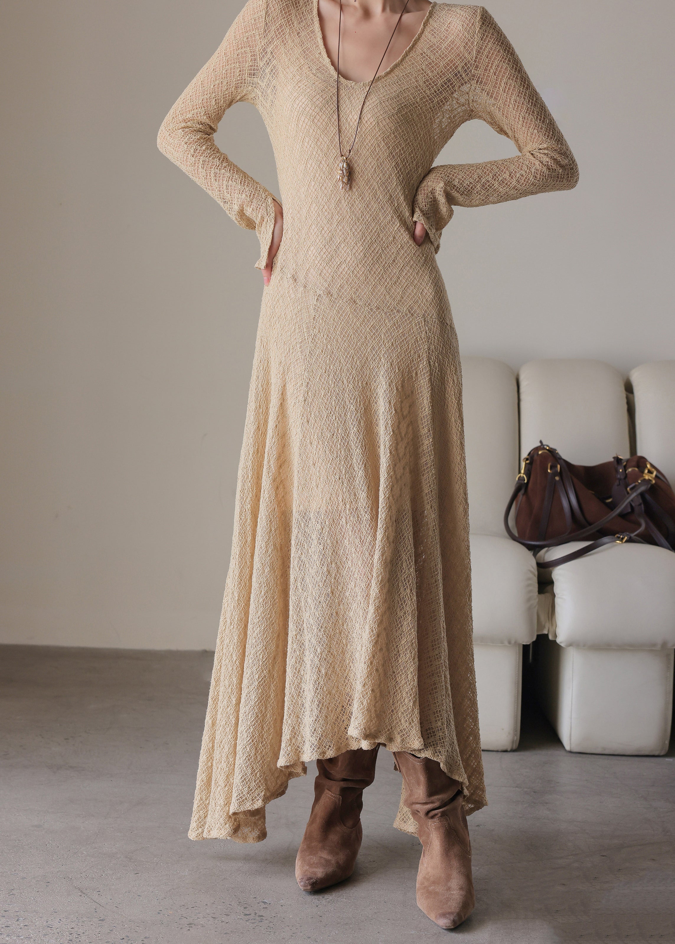 Handmade Khaki U Neck Solid Maxi Dress Spring