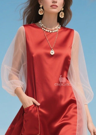 Handmade Red Asymmetrical Patchwork Tulle Robe Dresses Summer