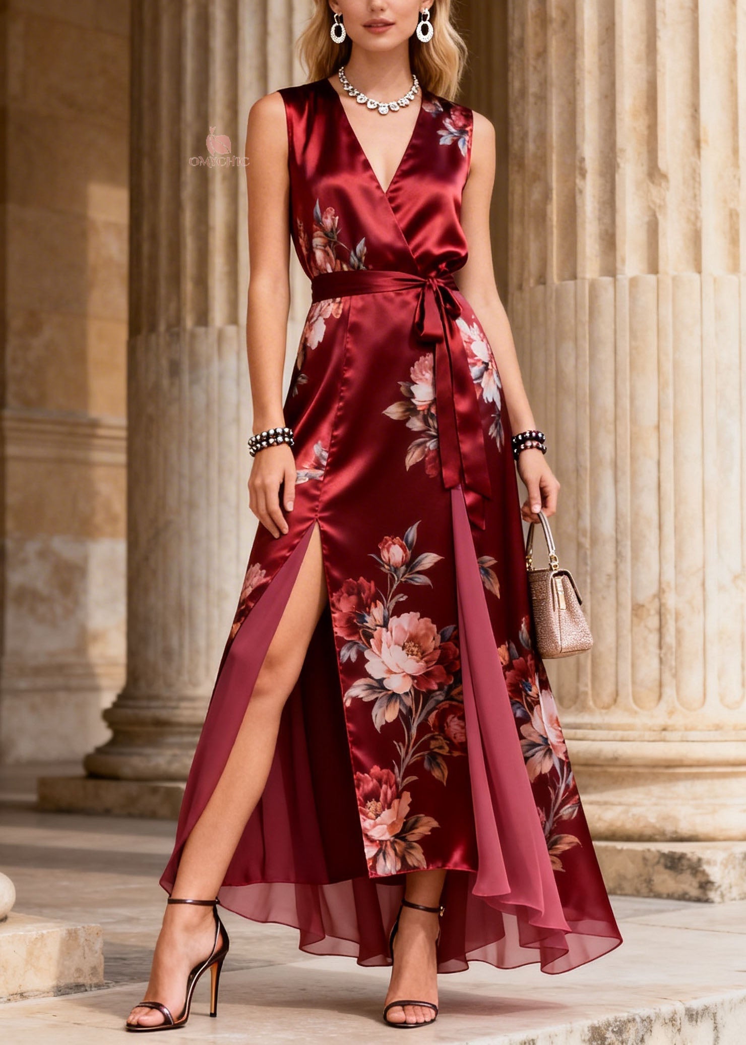 Handmade Red Print Side Open Lace Up Silk Dress Summer