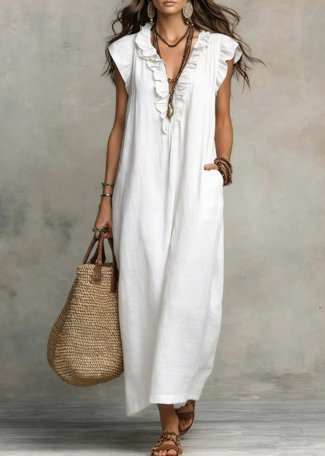 Handmade Red V Neck Ruffled Patchwork Maxi Dresses Summe