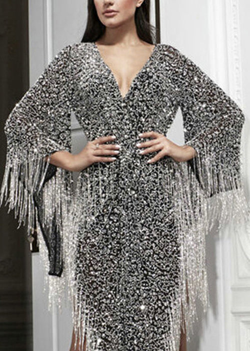 Handmade Silver Asymmetrical Tasseled Sequins Party Dress Batwing Sleeve