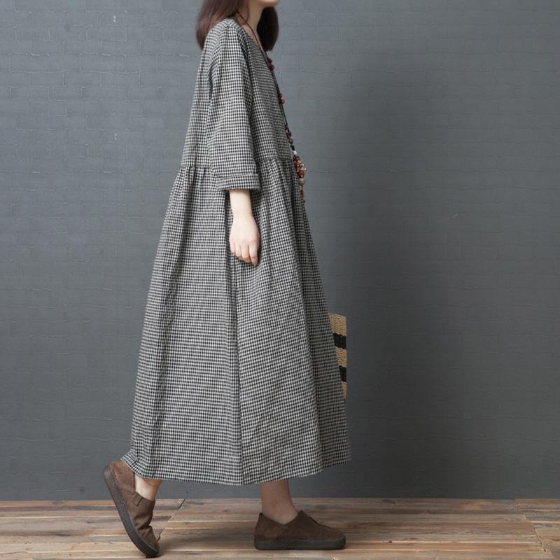 Handmade Black Plaid Linen Dresses O Neck Patchwork Long Dress