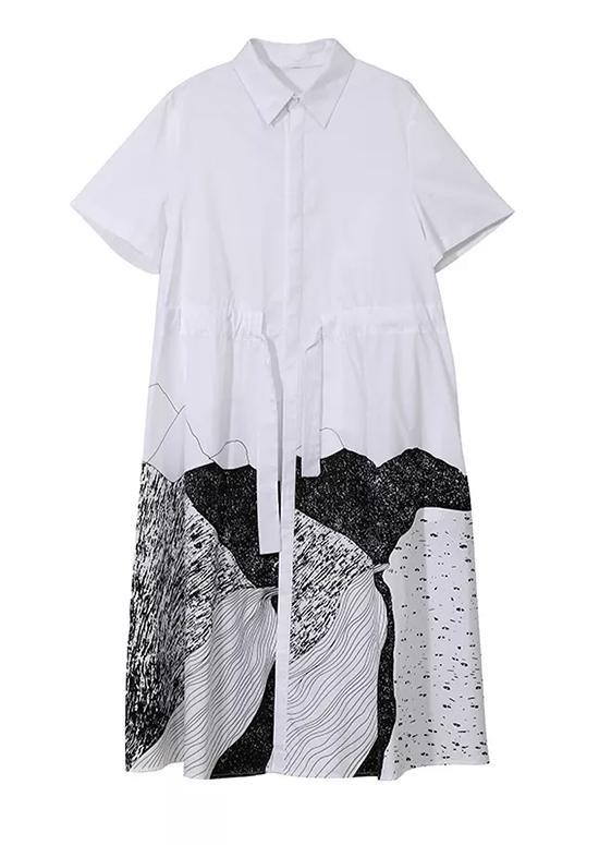 Handmade Lapel Tie Waist Clothes Work Outfits Black Abstract pattern Maxi Dresses