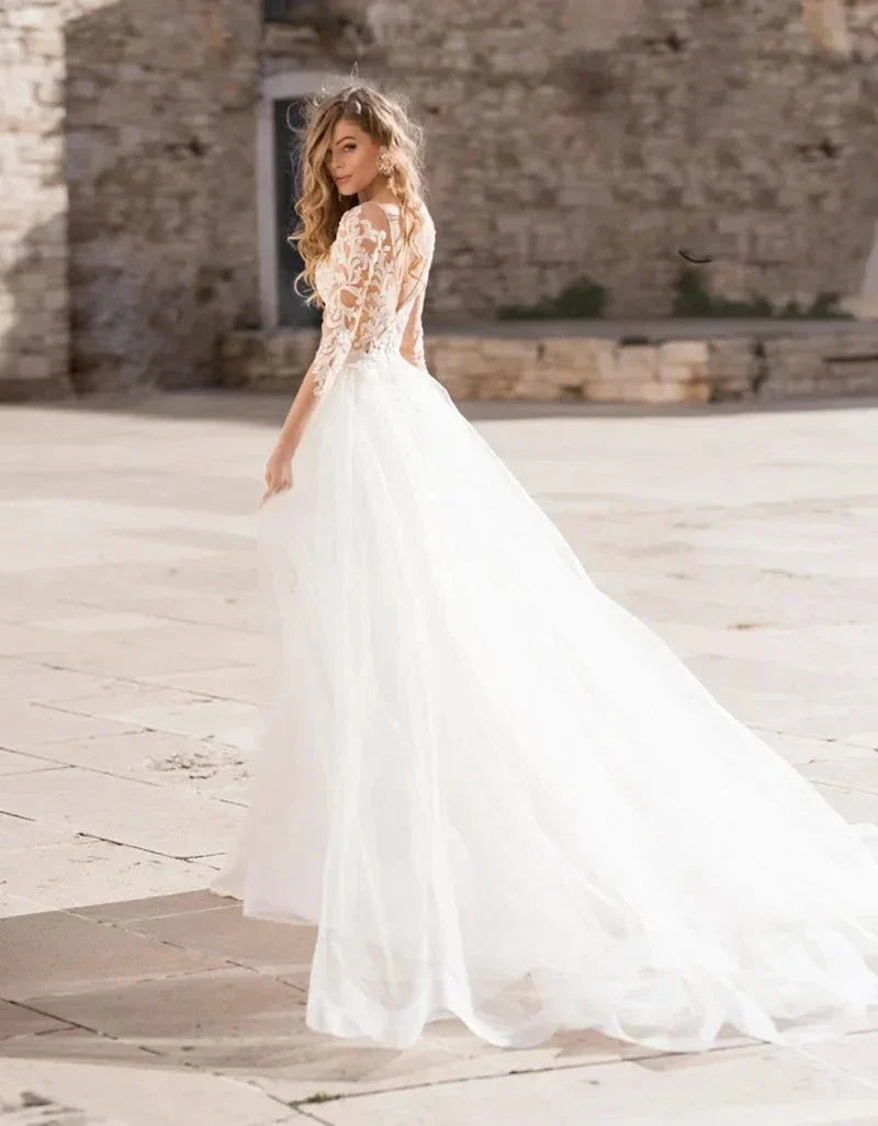Haute Couture Luxury Elegant White Satin Long Sleeve Backless Sweep Train Deep V-Neck Mermaid Backless Embroidery Wedding Dress (ZD14203)