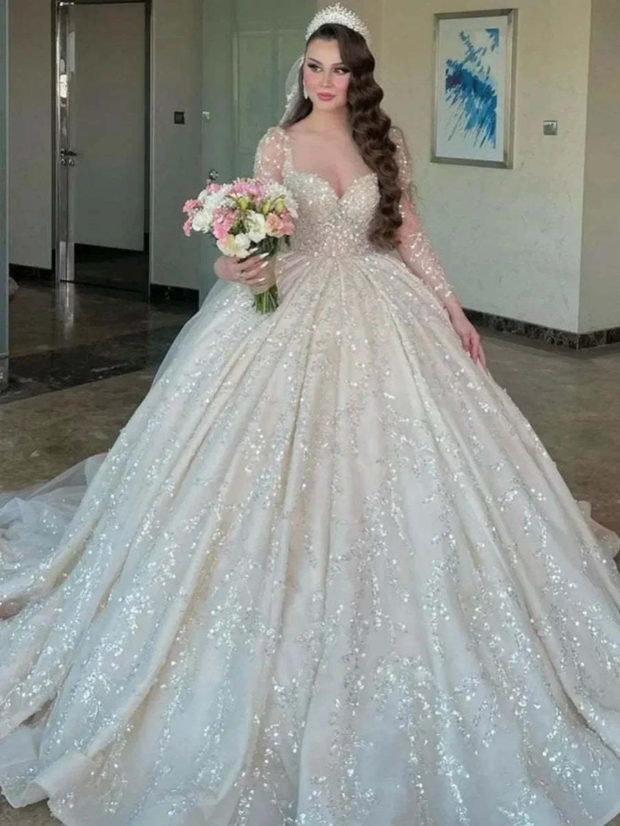 Haute Couture Romantic white The Bride Dress With Long Sleeve Lace Beading Sequin V-Neck Floor-Length Bespoke Wedding Dress by payinti