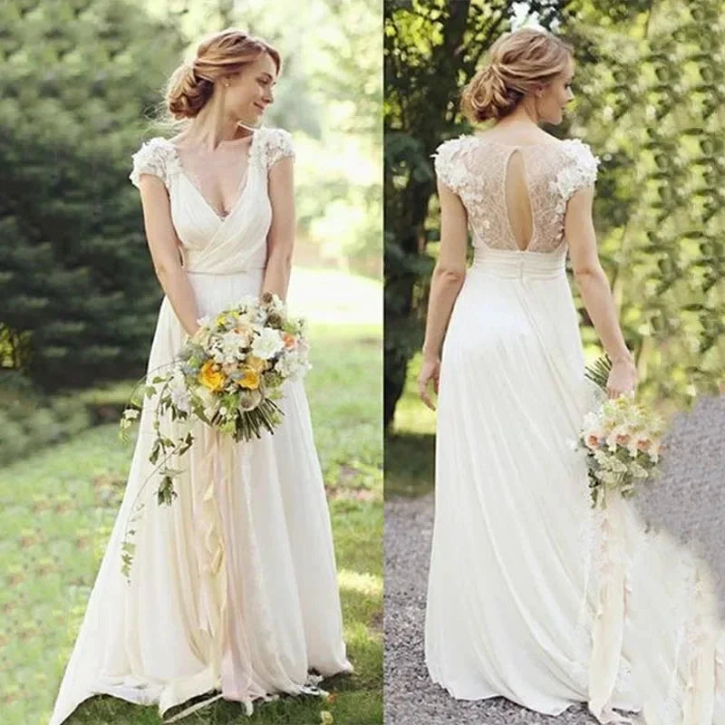 Haute Couture White 3D Appliques Bride Dress Deep V-Neck Backless Satin Sweep Train  A-LINE Bespoke Wedding Dress (ZD14201)