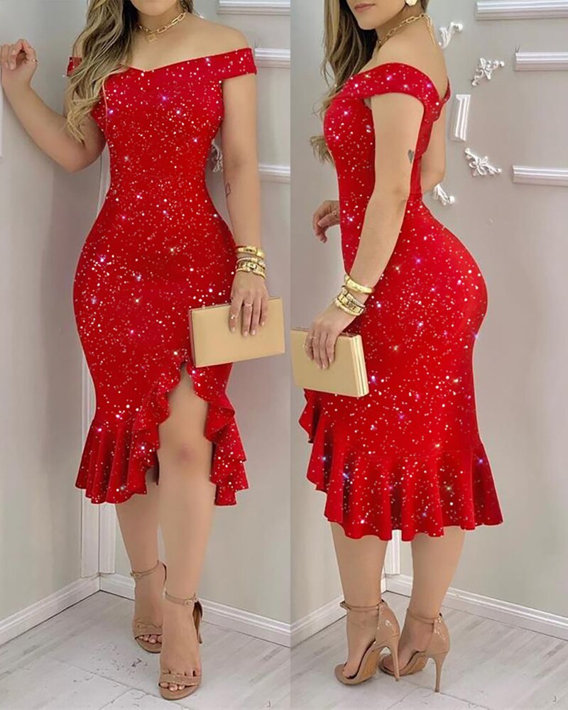 Elegant Glitter OffShoulder Ruffles Slit Midi Dress Party Solid Dress