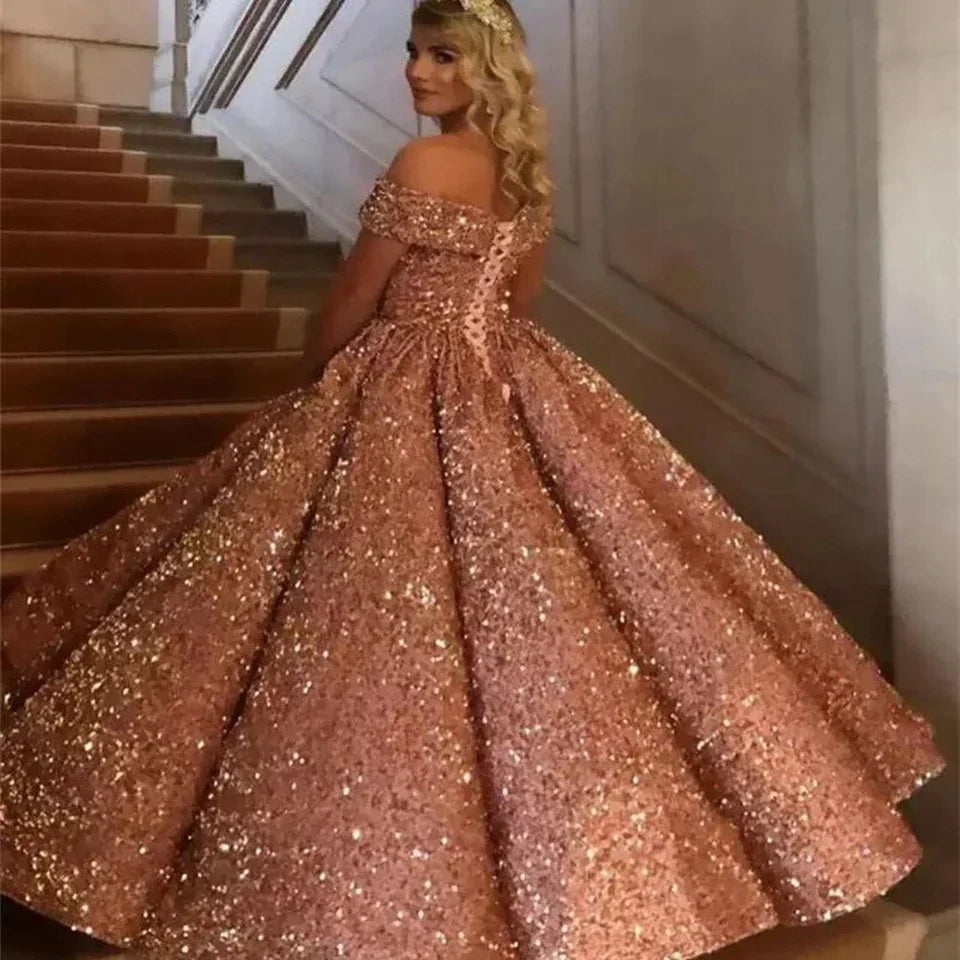 Customized Sparkly Burgundy Evening Dress Long robe de mariee Off Shoulder Sequins Lace Up Ball Gown Vestidos De Noiva picture color 2 Floor Length