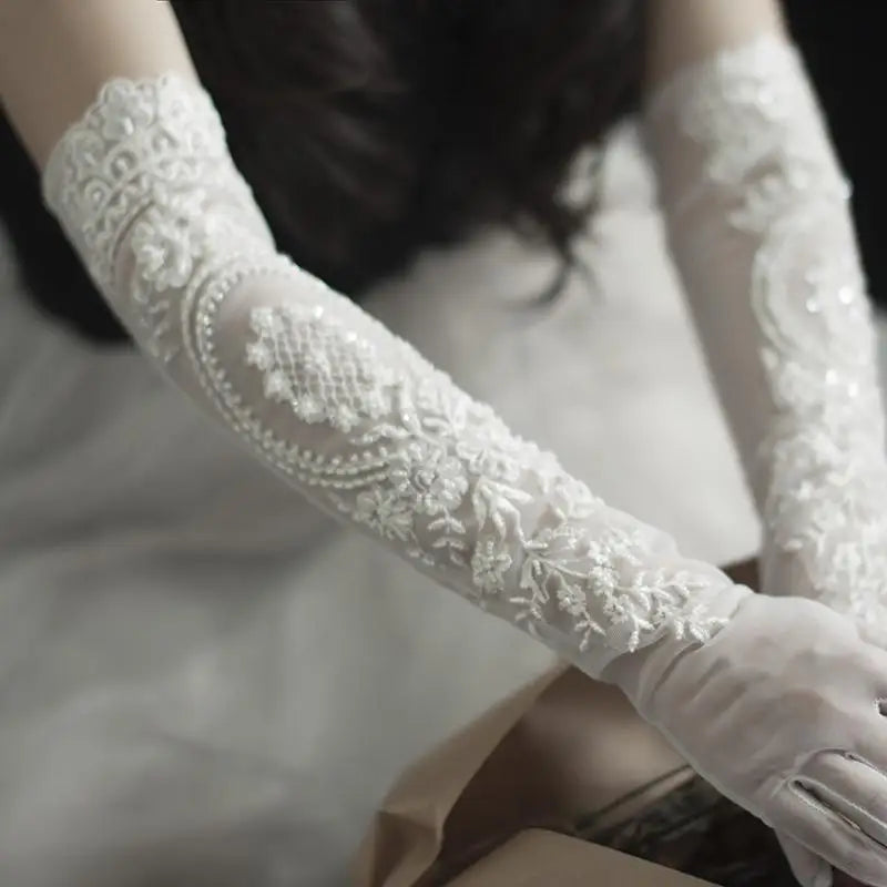 Long Bridal Gloves Vintage Flower Pearls Wristband Wedding Glove For Women Girl Party Evening Dress Jewelry Bride Accessories a