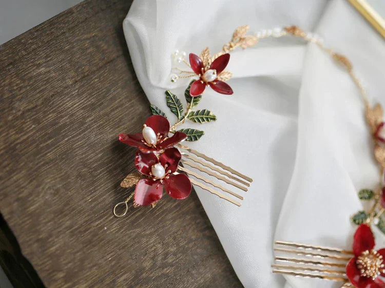 Red Flower Headpieces Headbands Leaf Headdress For Brides Party Dinner Dress Hairbands Wedding Accessories Bridal Hair Jewelry