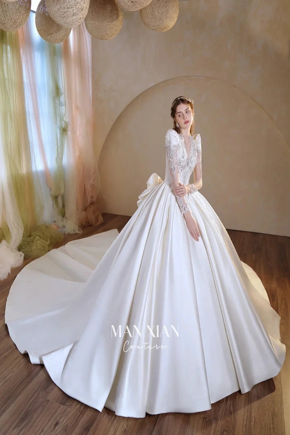Opulent Ivory V-Neck Satin Ball Gown with Crystal Embroidery, Sheer Sleeves & Keyhole Back Bow (ZD16941)