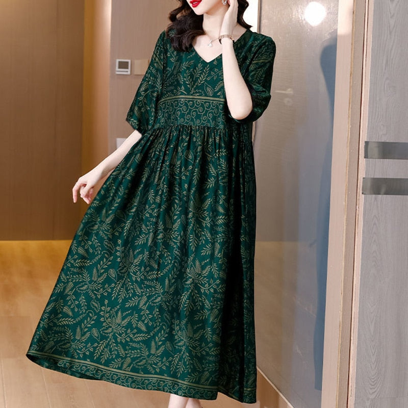 Plus Size Vintage Heavy Silk Casual Dress