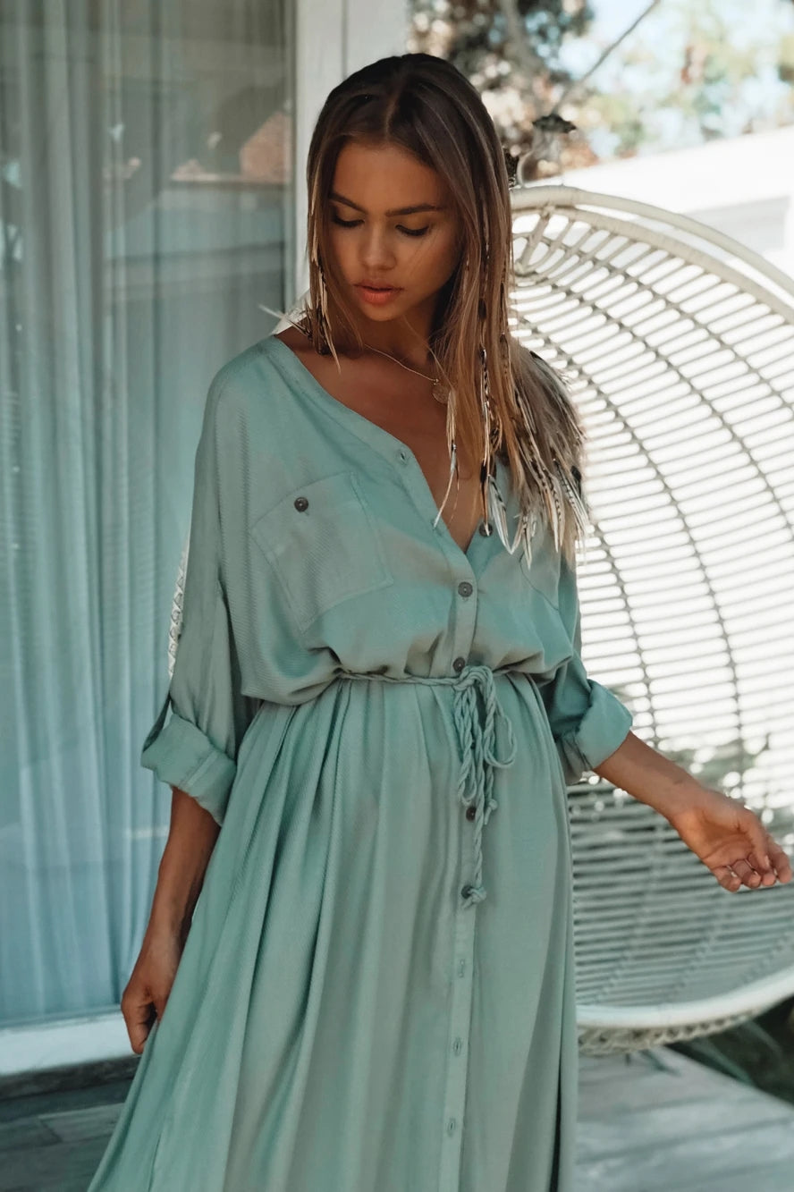 Button Pockets Front Open Self Belted High Waist Summer Dress