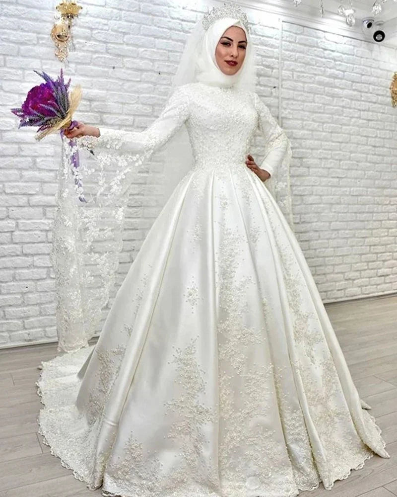 customized  Luxury Muslim A Line Wedding Dresses Long Flare Sleeves Lace Satin Bride Dresses Arabic Islamic Vestido De Noiva