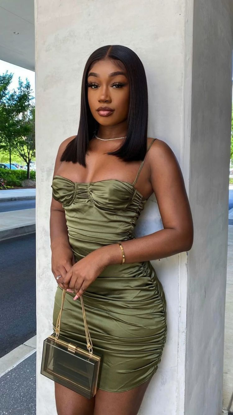 Olive Green Spaghetti Straps Ruched Short Party Dress Sexy Homecming Dress