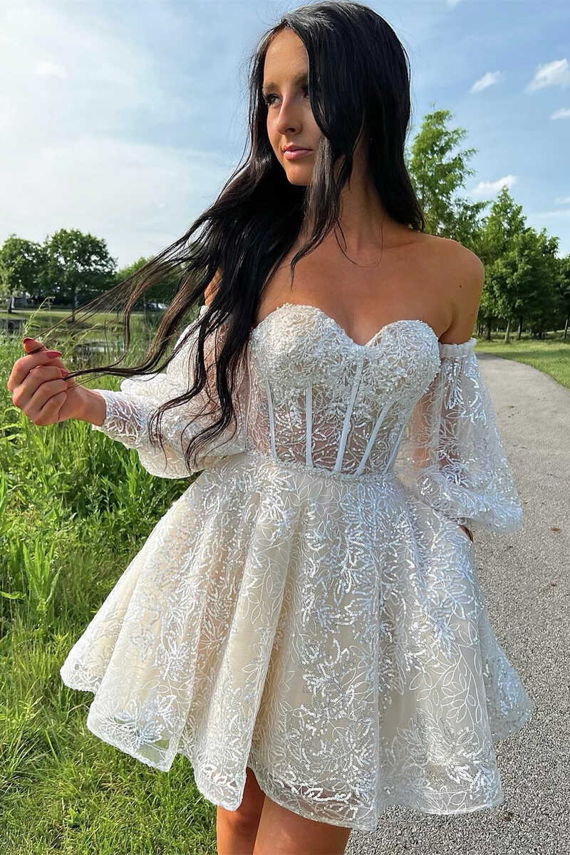 A-Line Ivory Sweetheart Puff Sleeve Short Party Dress - VelvetHem