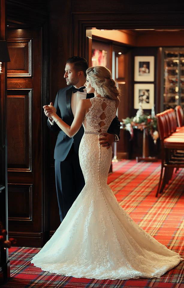 High Collar Lace Mermaid Sexy Wedding Dress White Crystal Sweep Train Formal Bridal Gown MH005
