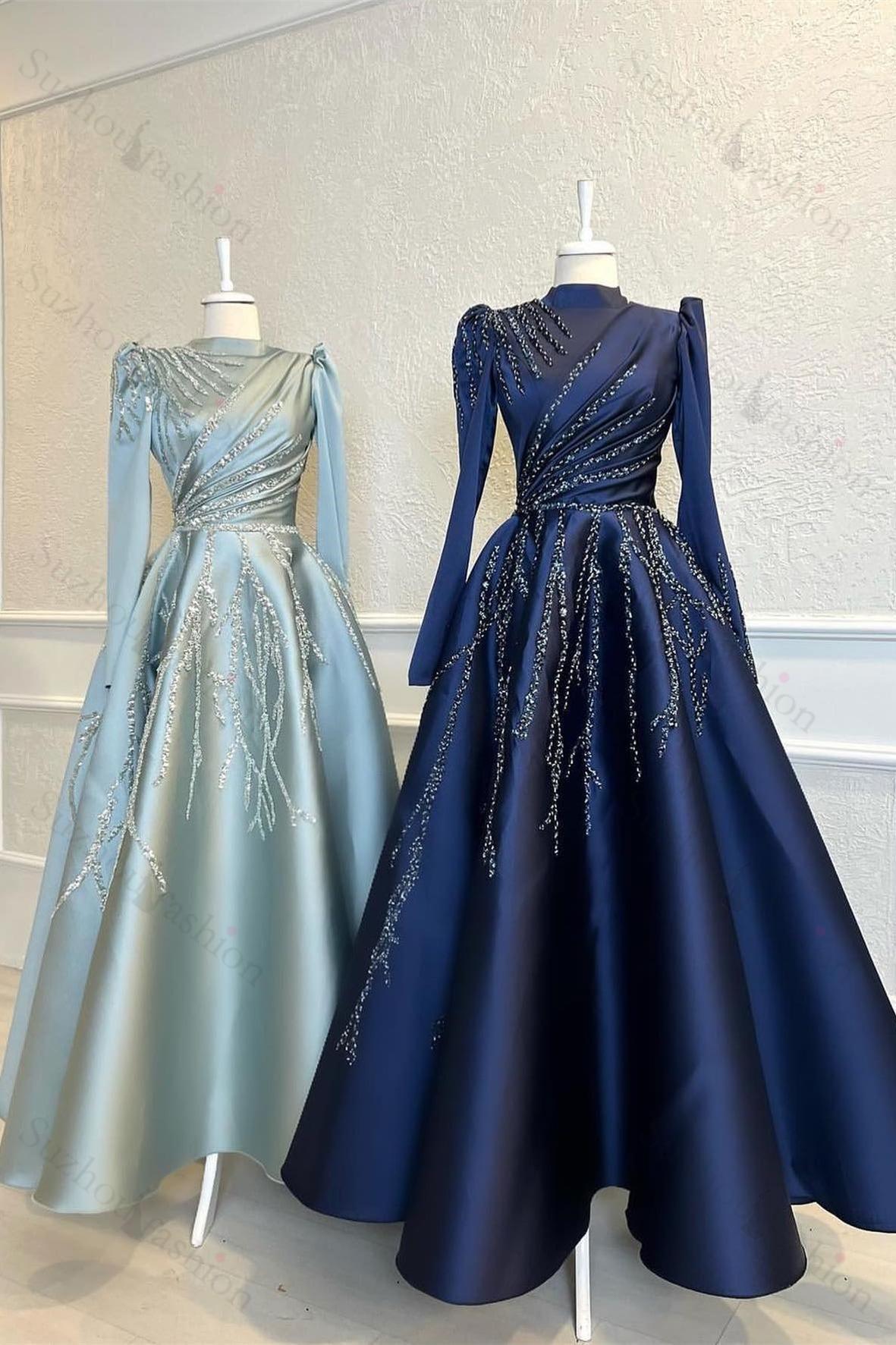 High Collar Long Sleeves A Line Beads Evening Formal Dress With Pleated Appliques