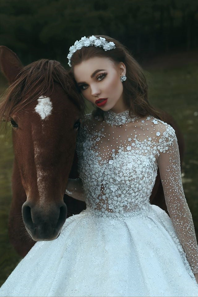High Neck Appliques Sparkly Beads Sequins Wedding Dresses  | Long Sleeve Princess Ball Gown Bridal Dresses Luxury