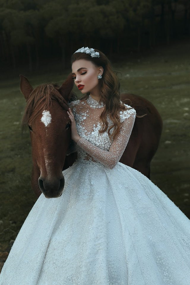 High Neck Appliques Sparkly Beads Sequins Wedding Dresses  | Long Sleeve Princess Ball Gown Bridal Dresses Luxury