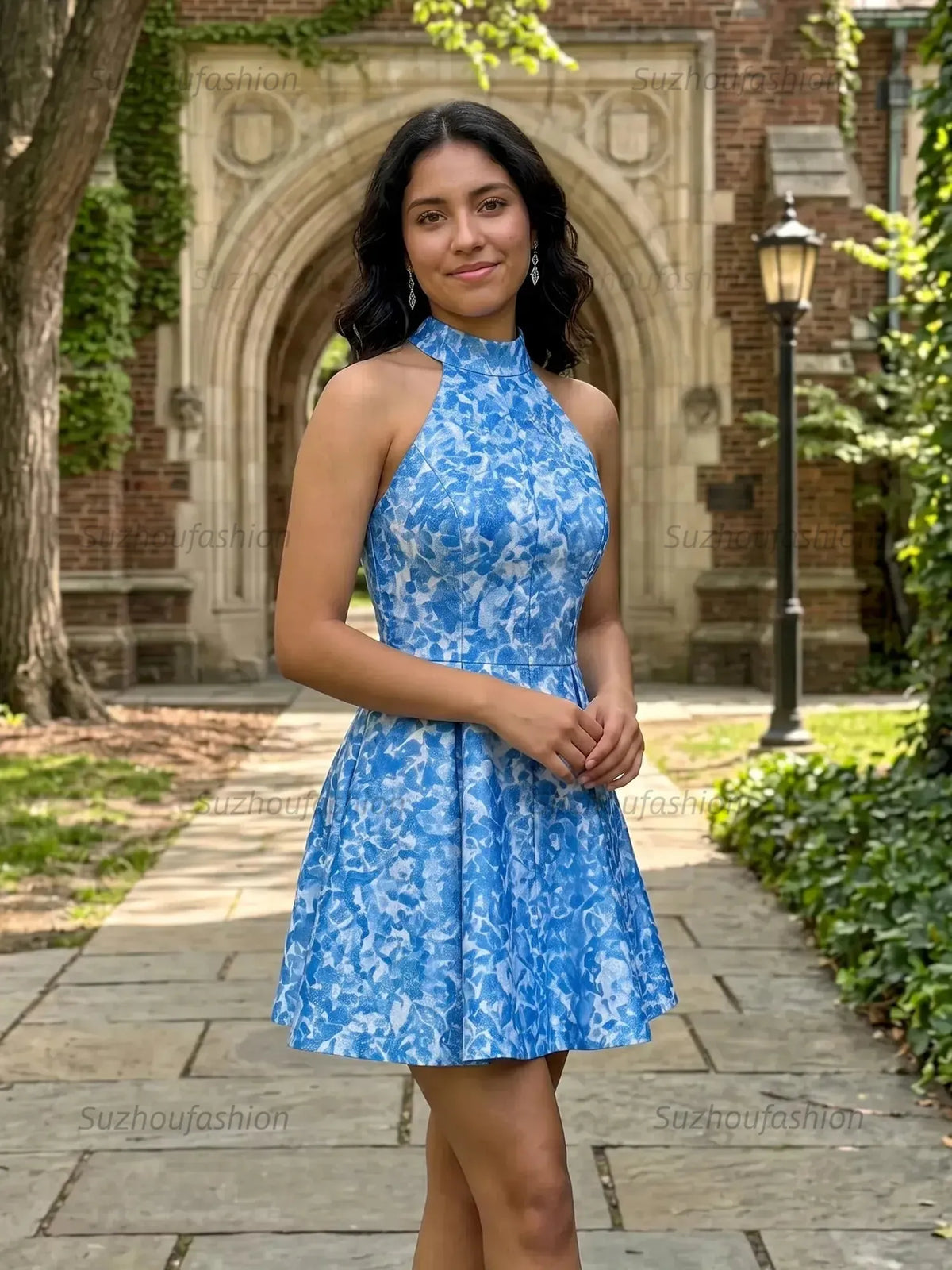 Suzhoufashion High Neck Halter Floral Brocade Homecoming Dresses Mini Cocktail Dress