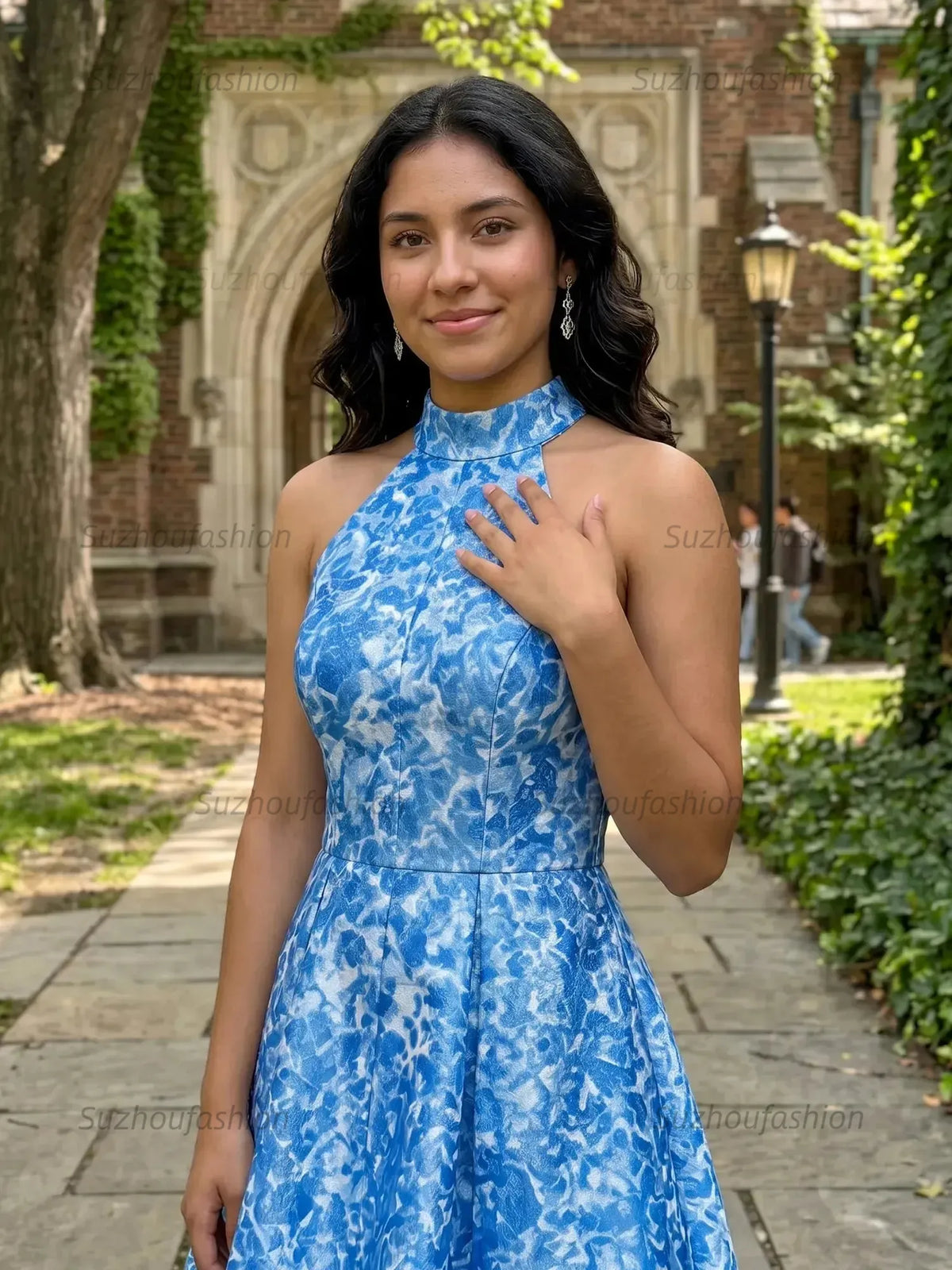 Suzhoufashion High Neck Halter Floral Brocade Homecoming Dresses Mini Cocktail Dress