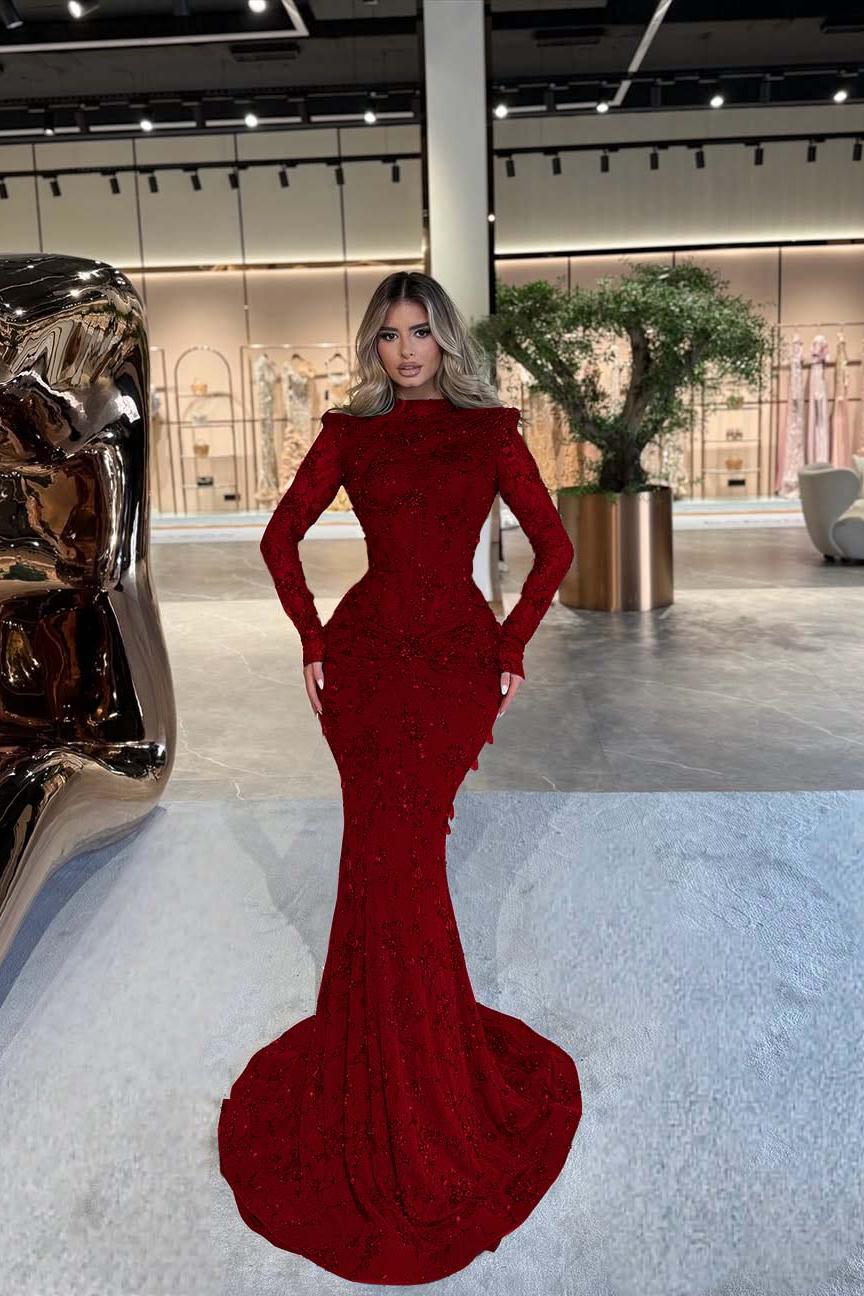 High Neck Long Sleeves Long Mermaid Evening Formal Dress With Beading Pleated