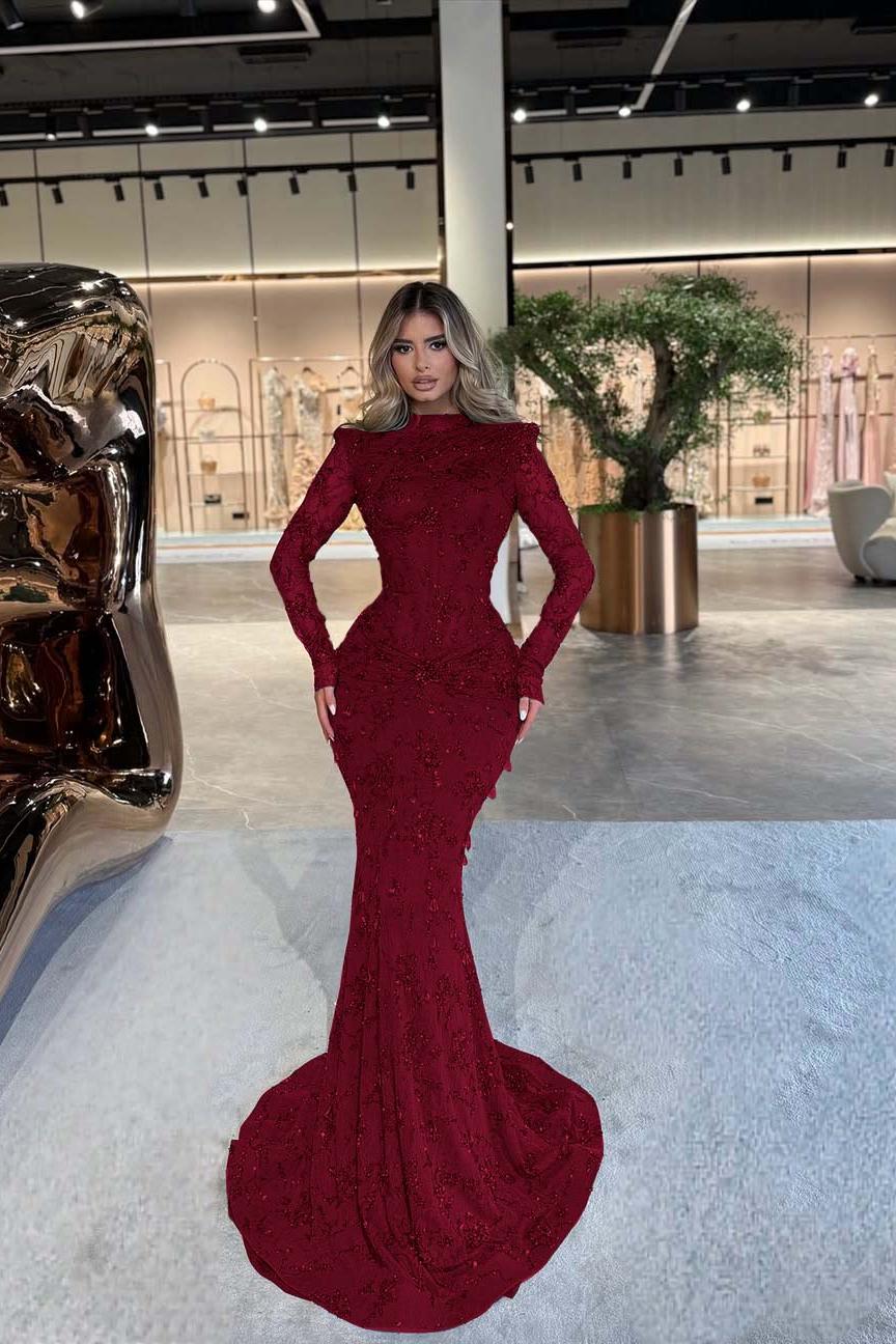 High Neck Long Sleeves Long Mermaid Evening Formal Dress With Beading Pleated