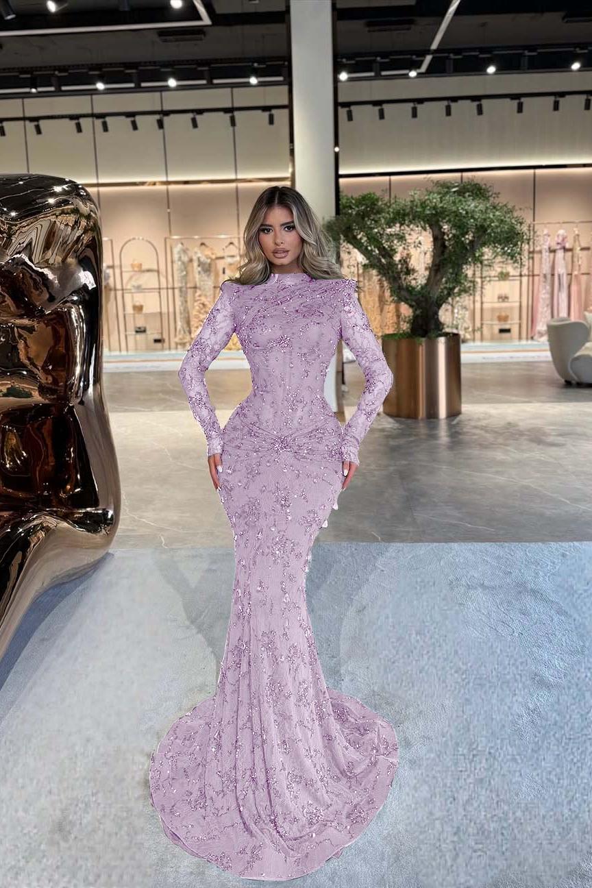 High Neck Long Sleeves Long Mermaid Evening Formal Dress With Beading Pleated